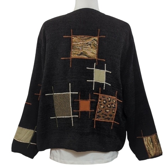 Vintage 90s Black Tapestry Jacket Geometric Animal‎ Print Patches Artsy Large - Picture 8 of 14